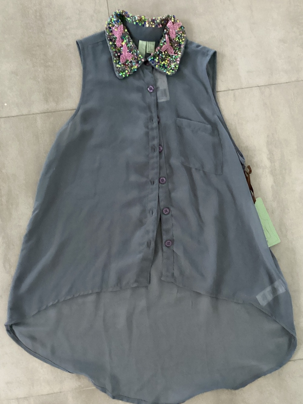 Forever 21 - Slate Blue Sleeveless blouse with Beaded Multicolor Collar